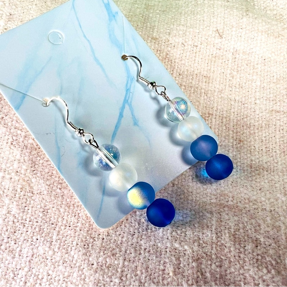 Dangle Drop Blue Clear Ombré Glass Beaded Earrings Silver 925 Sterling Silver